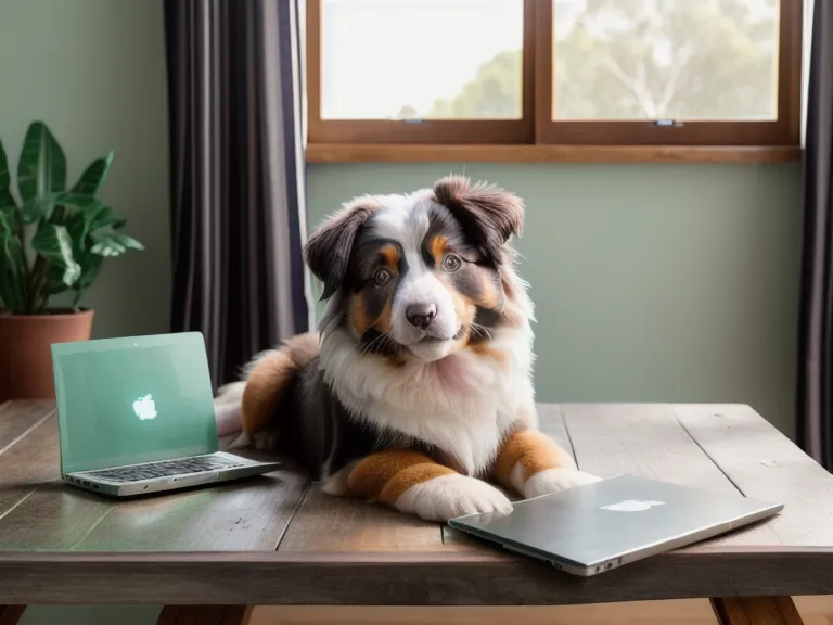 Laptop zeigt E-Mail-Lektionen eines Welpenkurses während der Hund daneben schläft