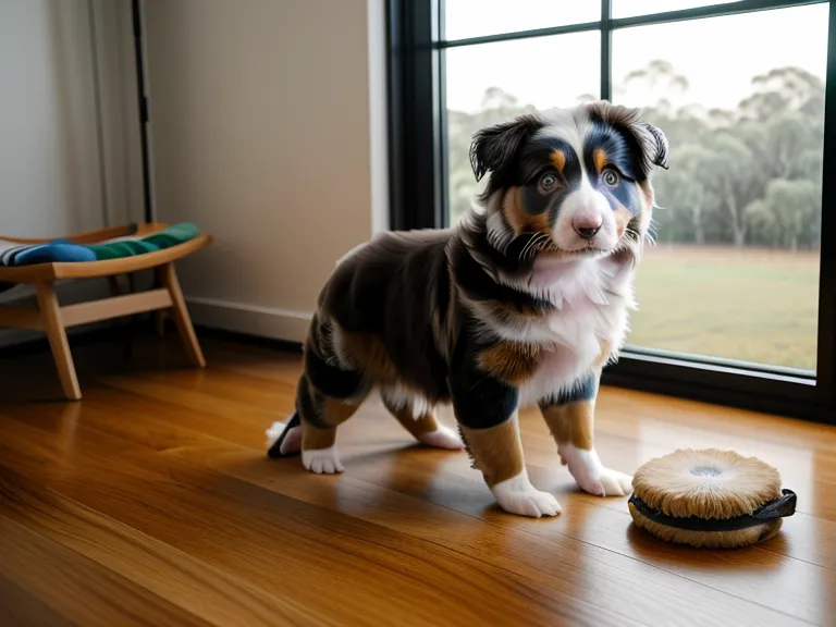 Schlafender Welpe unter dem Schreibtisch nach dem Technik-Check der Online-Hundeschule