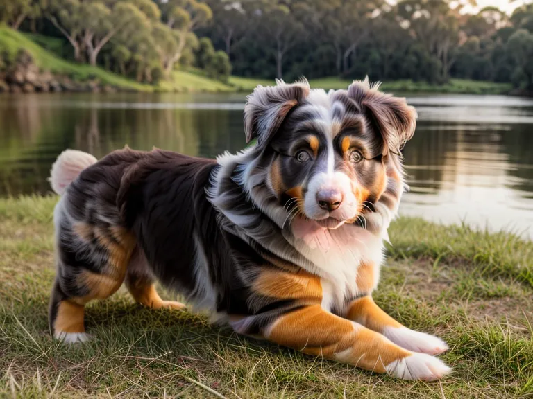 Australian Shepherd Welpe lernt an der Isar Giftköder zu ignorieren.