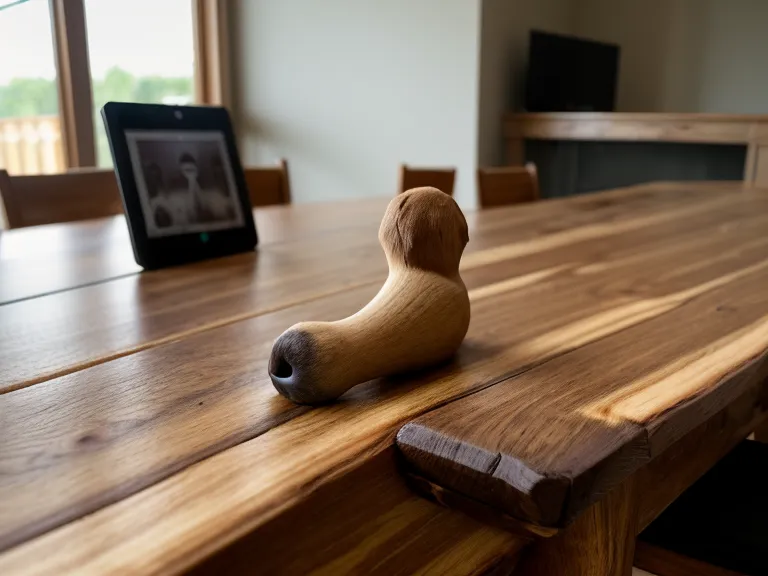 Nahaufnahme eines angekauten Tischbeins mit einem Online-Hundekurs im Hintergrund