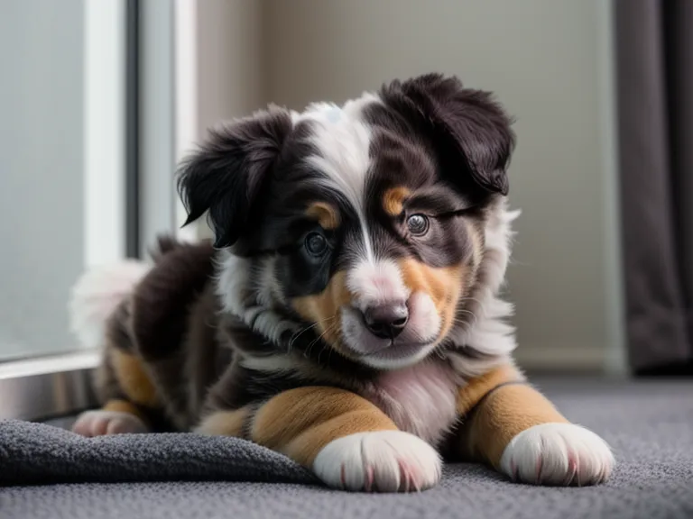 Schlafender Australian-Shepherd-Welpe auf seinem Ruheplatz nach dem Impulskontrolle-Training