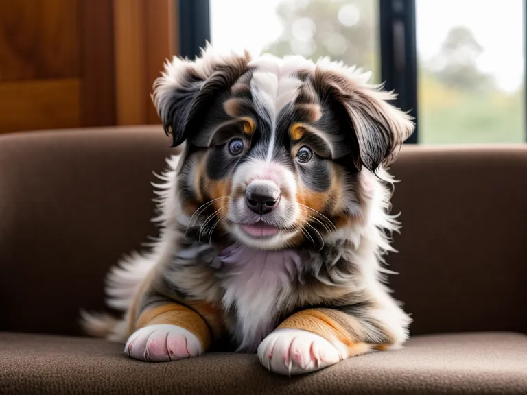 Nahaufnahme Australian Shepherd Welpe kaut an Stuhlbein neben Smartphone