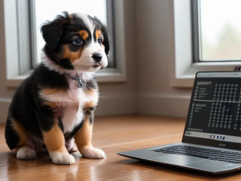 Laptop mit einem 12-Wochen-Trainingsplan für Welpen im Homeoffice.