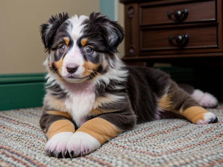 Schlafender Australian Shepherd Welpe unter einem Schreibtisch nach dem Training.