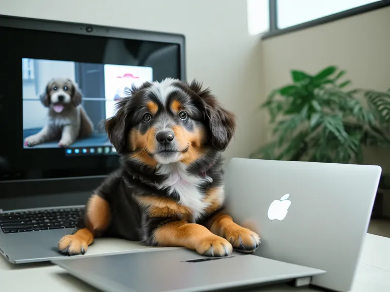 Laptop-Bildschirm mit verschiedenen Kameraperspektiven eines Hundetrainingskurses
