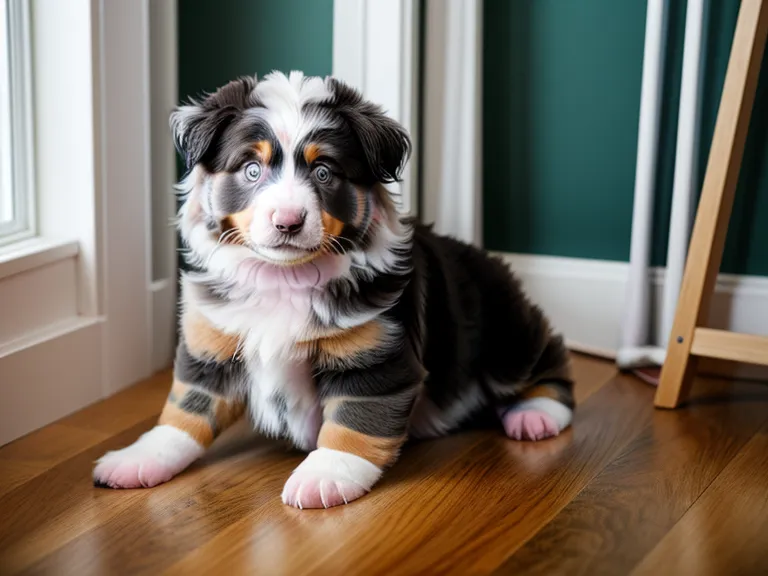 Australian Shepherd Welpe kaut im Welpenkurs-Vergleich an einer Tischkante, im Hintergrund läuft der Online-Hundeschule-Test am Laptop