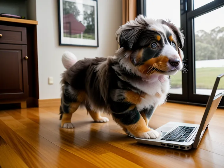 Laptop liegt neben Hundespielzeug und Leckerlis, während der Australian Shepherd Welpe den Online-Welpenkurs neugierig inspiziert