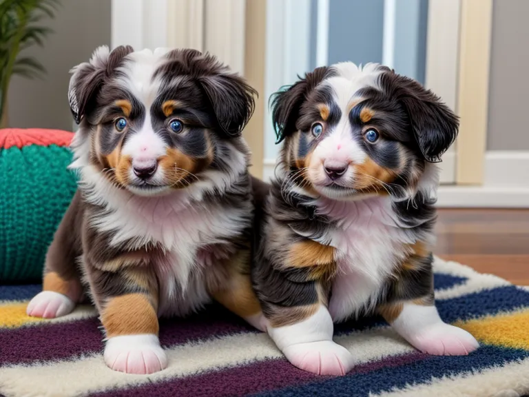 Nahaufnahme eines verwirrten Australian Shepherd Welpen vor einem Laptop mit Trainingsvideo