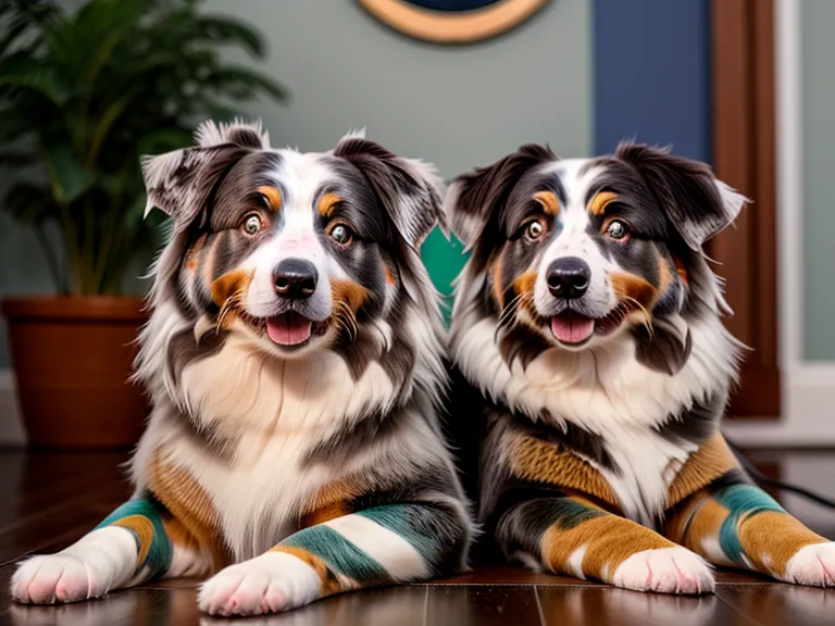 Ein aufmerksamer Australian Shepherd Welpe während einer Online-Trainingseinheit am Laptop.