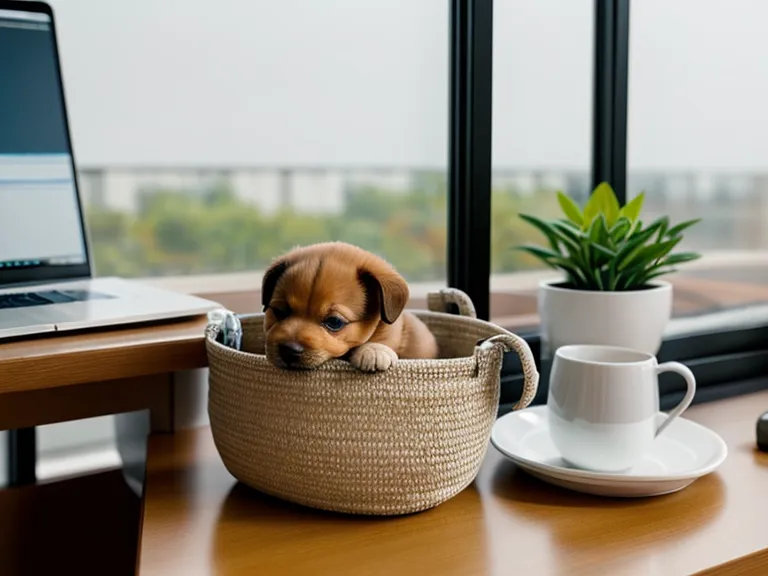 Organisierter Arbeitsplatz mit Welpen-Trainingsplan und schlafendem Hund im Hintergrund.