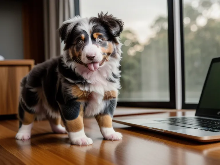 Aussie Welpe kaut an einer Tischkante während im Hintergrund ein Onlinekurs läuft