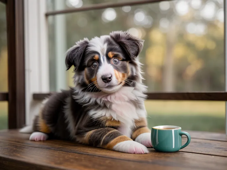 Nahaufnahme eines Aussie-Welpen, der an einem Tischbein kaut