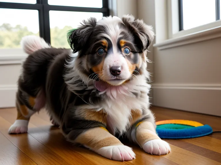 Ruhiger Australian Shepherd Welpe neben einem Smartphone mit Trainings-Checkliste