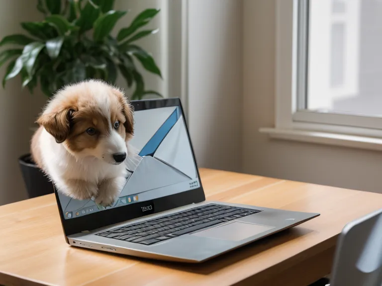 Traumhundgenerator E-Mail-Kurs auf dem Laptop-Bildschirm mit Welpenpfote auf der Tastatur