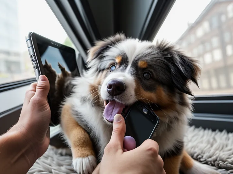 Online-Hundeschule Trainingslektion zur Welpenerziehung auf dem Smartphone im Wohnzimmer