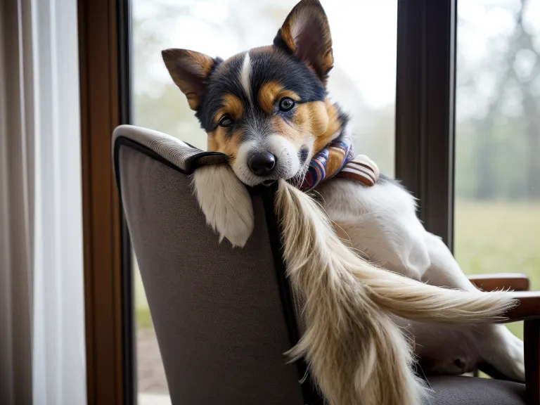 Produkttest-Notizen zum Welpenkurs-Vergleich neben angekautem Stuhlbein und schlafendem Australian-Shepherd-Welpen