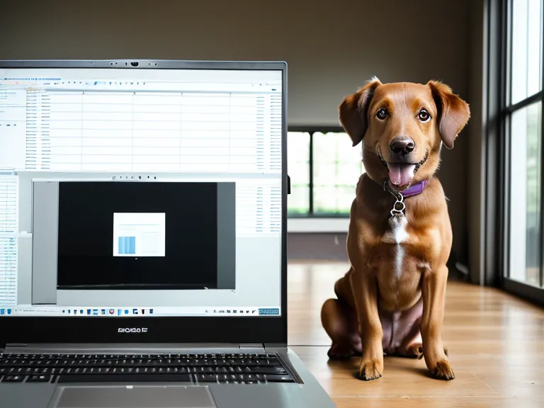Laptop-Bildschirm mit einer Analyse eines Hundetraining-Videos und Notizbuch.