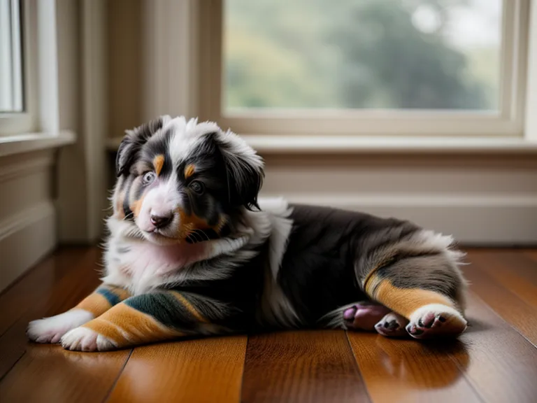 Schlafender Australian Shepherd Welpe auf den Füßen seiner Besitzerin am Schreibtisch.