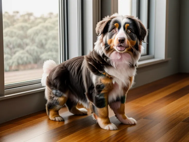 Moderne Hundebox als Rückzugsort für einen Australian Shepherd Welpen.