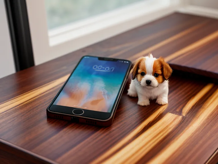 Nahaufnahme von Welpen-Bissspuren an einer Schreibtischkante neben einem Smartphone