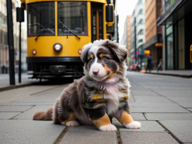 Australian Shepherd puppy watching a Munich tram from a safe distance