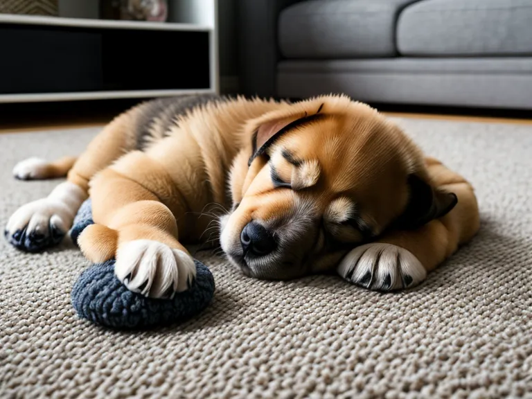 Australian Shepherd puppy sleeping soundly in a city apartment