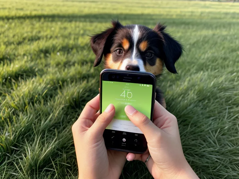 Nahaufnahme einer Smartphone-App für Hundetraining auf einer grünen Wiese
